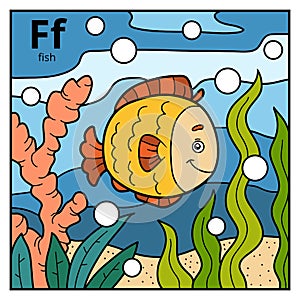 Color alphabet for children, letter F fish