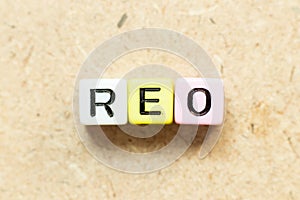 Color letter block in word REO Abbreviation of Real estate owned on wood background photo