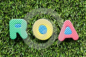 Color alphabet letter in word ROA Abbbreviation of Return on assets on green grass background