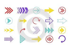 Color arrows set. Arrows direction symbols. Icons of up, down, right, next, cursor, back, left, circle, rewind, repeat, forward,