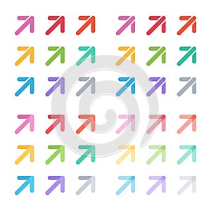 Color arrows set. Forward pointer collection. Right and up direction arrow, orientation pictogram.