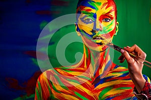 Color art face and body painting on woman for inspiration. Abstract portrait of the bright beautiful girl with colorful