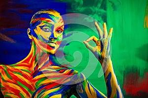 Color art face and body painting on woman for inspiration. Abstract portrait of the bright beautiful girl with colorful