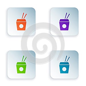 Color Asian noodles in paper box and chopsticks icon isolated on white background. Street fast food. Korean, Japanese