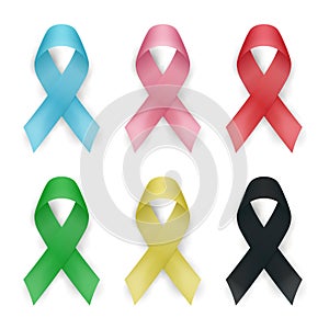 Color awareness ribbon vector set. Cancer ribbons isolated on white background. Vector illustration.