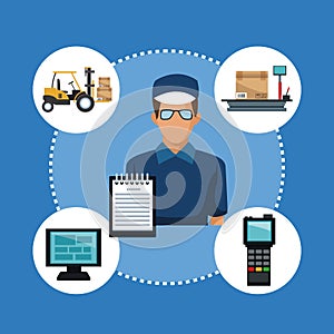 Color background with circular frame of icons storage logistics and closeup delivery courier man with check list