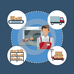 Color background with circular frame of icons storage logistics and closeup delivery courier man with warehouse storage