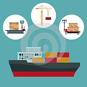 Color background with circular frame of icons storage logistics and closeup freighter ship with containers