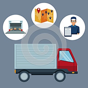 Color background with circular frame of icons storage logistics and closeup truck