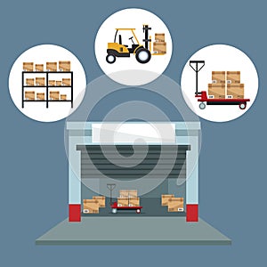 Color background with circular frame of icons storage logistics and closeup warehouse storage