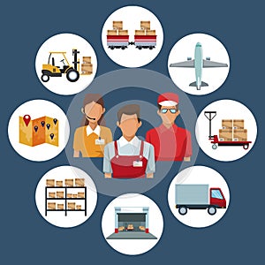 Color background with circular frame of icons storage logistics and faceless people worker in center