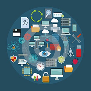 Color background with circular frame of set collection technology elements