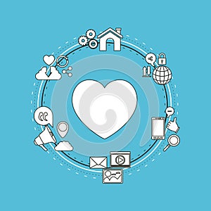 Color background of circular frame of tech share internet icons and closeup silhouette heart love