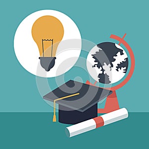 Color background with closeup graduation cap and certificated with globe map and light bulb icon