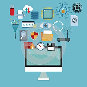 Color background with computer display and set collection technology elements