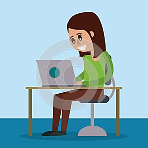 Color background of desk with desktop computer and woman sitting in side view