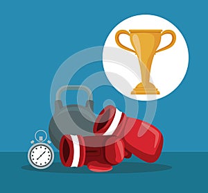 Color background with elements boxing kettlebell and chronometer with circular frame cup trophy
