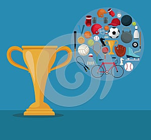 Color background with golden cup trophy and icons of elements sports in circular frame
