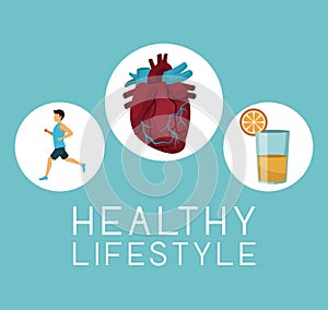Color background with icons circular frame of sport man ruinning with heart organ and orange juice text healthy