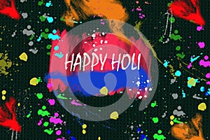 Color background of paint splashes. Logo design for Happy Holi . Colorful paint drops ink splashes. Icon, Symbol.