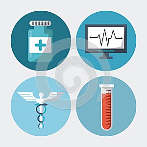 Color background with round frames with medical elements pills test tube caduceus symbol and pulse monitor