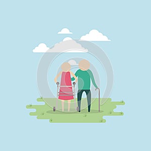 Color background sky landscape and grass with silhouette set pictogram elderly couple in grass with walking stick