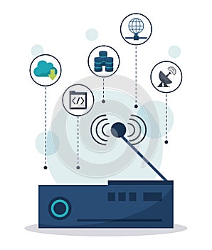 Color background with wireless router in closeup and network communication icons on top