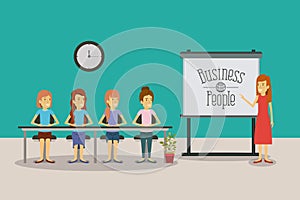 Color background women group sitting in a desk for executive female in presentacion business people photo