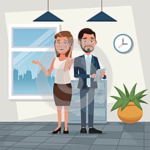 Color background workplace office full body set pair executives of woman and bearded man with tablet