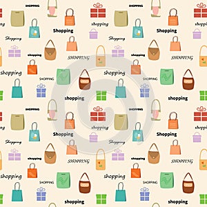 color bags on beige background - vector seamless pattern for shopping