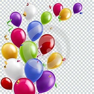 Color balloon background. Flying colorful balloons birthday party decoration. Anniversary celebration card, banner