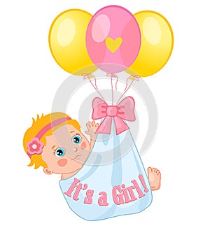 Color Balloons Carrying A Cute Baby Girl. Baby Girl Vector Illustration. Cute Cartoon Babies.