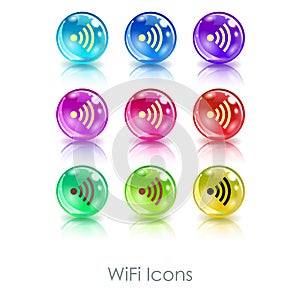 Color balls with wifi symbol app icon. Useful for wi-fi cafes, wireless internet zones, terminals, etc.