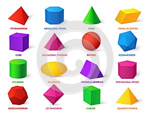 Color basic shapes. Realistic 3d geometric forms cube and ellipsoid, cylinder and sphere, cone and pyramid, learning