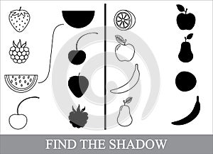 Color berries and fruits and find the correct shadow. Game for children.