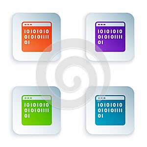 Color Binary code icon isolated on white background. Set colorful icons in square buttons. Vector