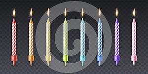 Color birthday candles. Realistic isolated elements. Celebration cake and cupcake decor. Striped rainbow colors paraffin