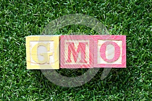 Color block in word GMO abbreviation of Genetically Modified Organisms on artificial green grass background