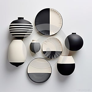 Color-blocked Ceramic Plates And Bowls On White Wall