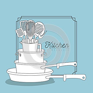 Color blue background with decorative frame vintage and set silhouette stack of pots and pans kitchen utensils over photo