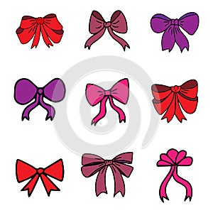 Color bows. Sketch set bows hand drawn doodles ribbons. Retro isolated vector set. Illustration of bow, colored ribbon accessory