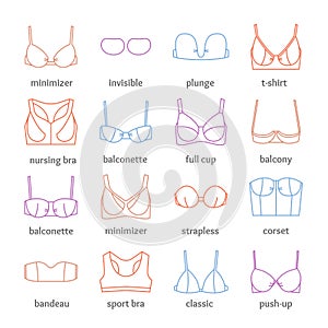 Color Bra Thin Line Icons Set. Vector