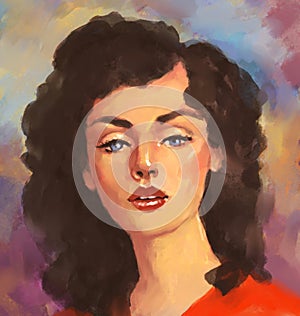 Color bright hand-drawn art portrait of a beautiful woman or girl in retro style