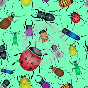 Color bugs and beetles green seamless pattern