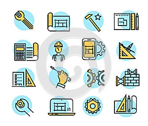 Color building icons in simple style. Industry and building, construction icons design. Symbol for app design
