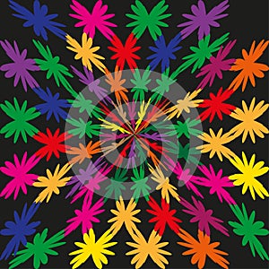 Color burst star. Leaf spike Vector. Rainbow radial art. Black backdrop graphic.