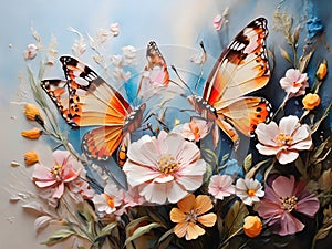 Color butterflies painted with oil paints and delicate wildflowers Colorful oil paint art