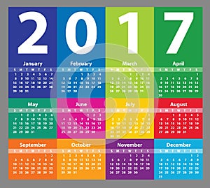 Color Calendar 2017 starting from Sunday.