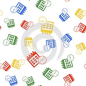 Color Calendar and clock icon isolated seamless pattern on white background. Schedule, appointment, organizer, timesheet