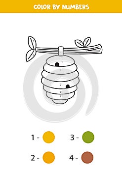 Color cartoon beehive by numbers. Worksheet for kids